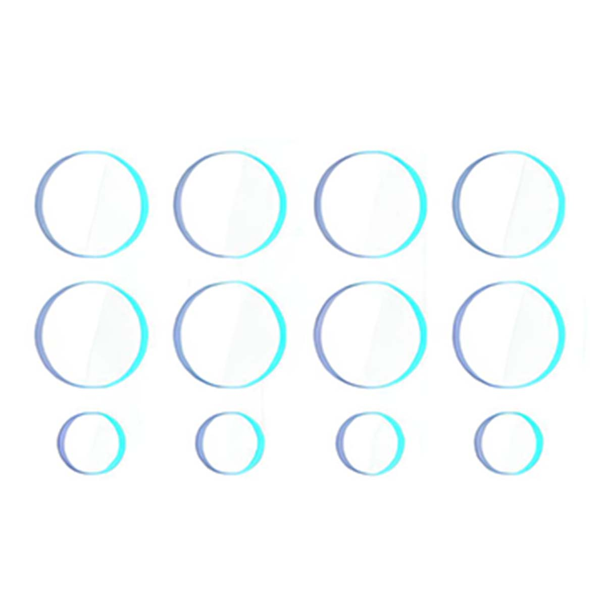 Dziewięć przezroczystych kół na białym tle. Osiem kół w dwóch rzędach i jeden rząd czterech mniejszych kół.