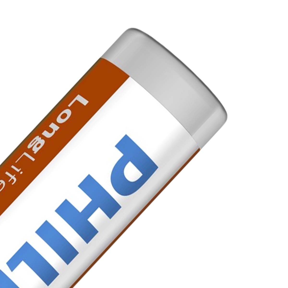 Primo piano di un oggetto cilindrico con testo blu 'PHIL' su sfondo bianco e arancione. La parte superiore è grigia, con 'Long Life' in arancione.