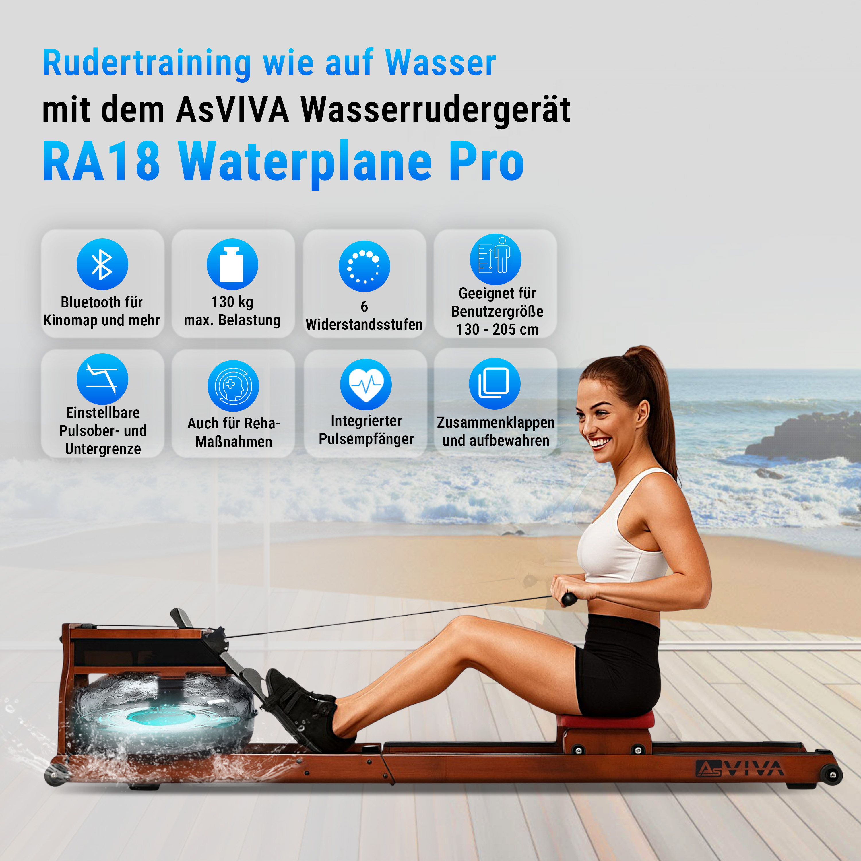 Eine Frau rudert auf einem Wasserrudergerät. Die Maschine ist braun. Der Hintergrund zeigt einen Strand.
