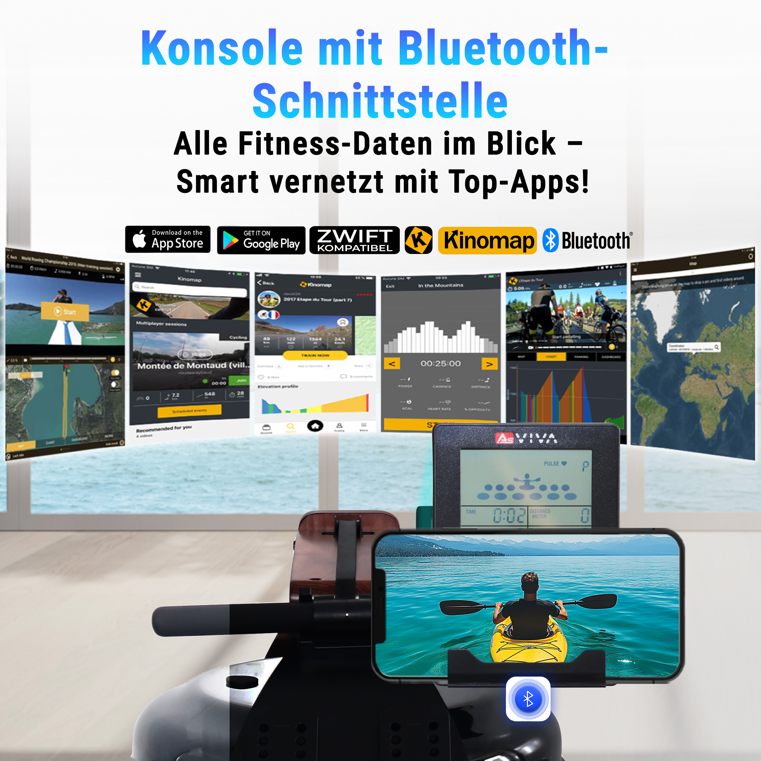 Rudergerät mit Bildschirm, der Fitnessdaten, Apps und einen Kajakfahrer auf dem Wasser anzeigt. Bluetooth-Symbol sichtbar.