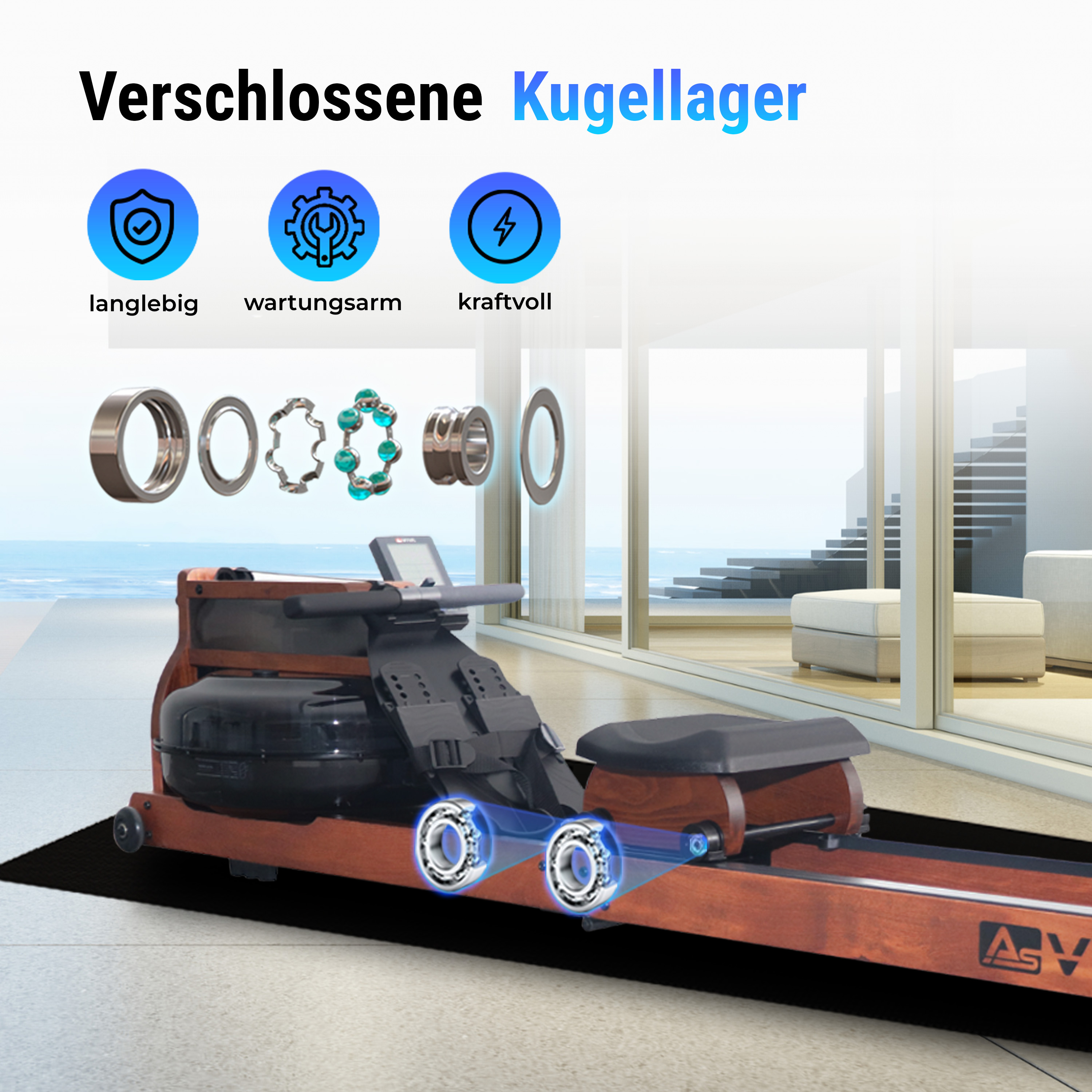 Rudergerät mit abgebildeten Kugellagern und Text. Der Hintergrund zeigt ein modernes Interieur mit Wasserblick.