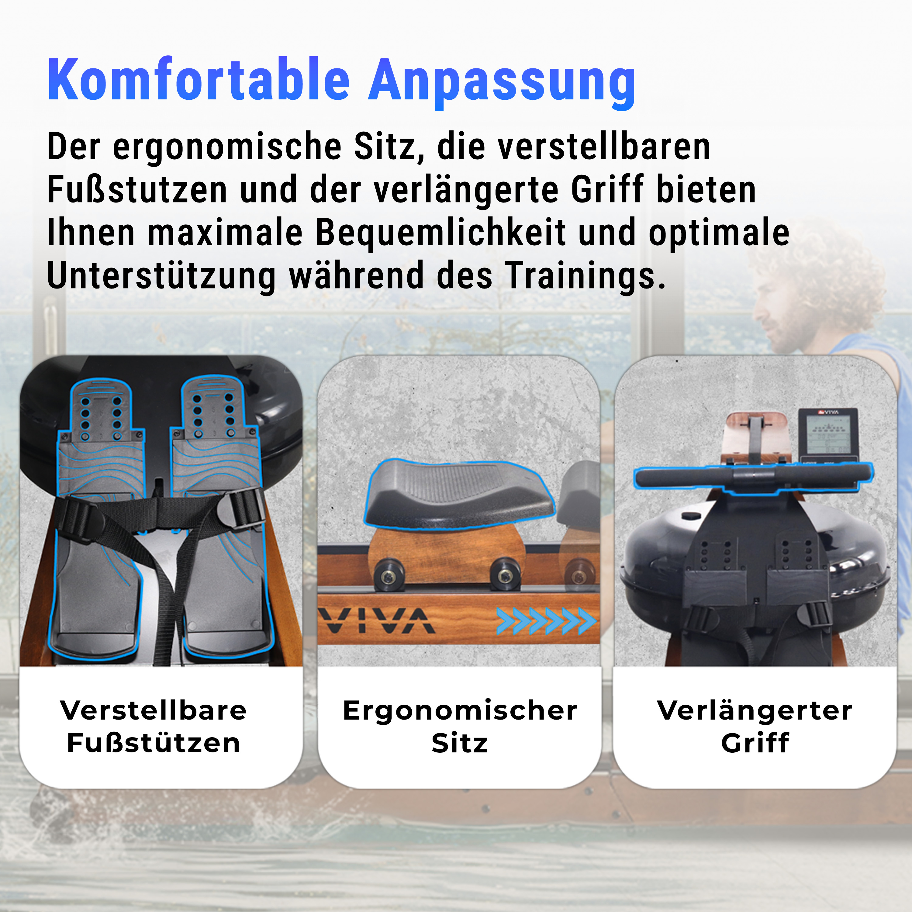 Das Bild zeigt die verstellbaren Fußstützen, den ergonomischen Sitz und den verlängerten Griff eines Rudergeräts. Ein Mann ist im Hintergrund.