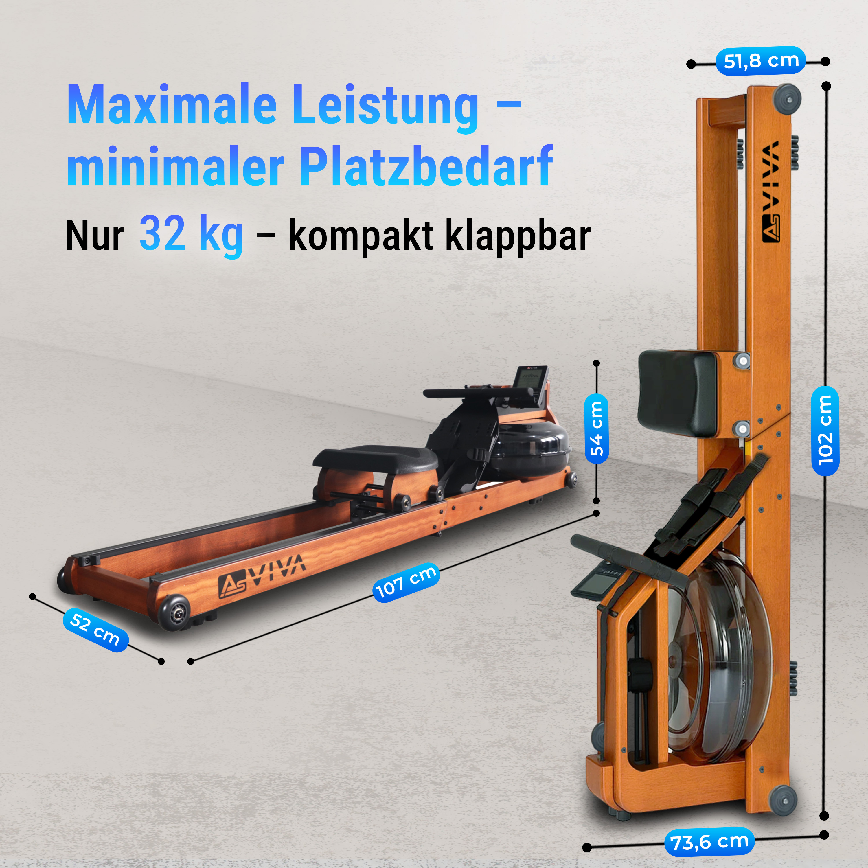 Ein Rudergerät aus Holz mit Maßangaben. Text-Overlay: Maximale Leistung, minimaler Platzbedarf und 32 kg.