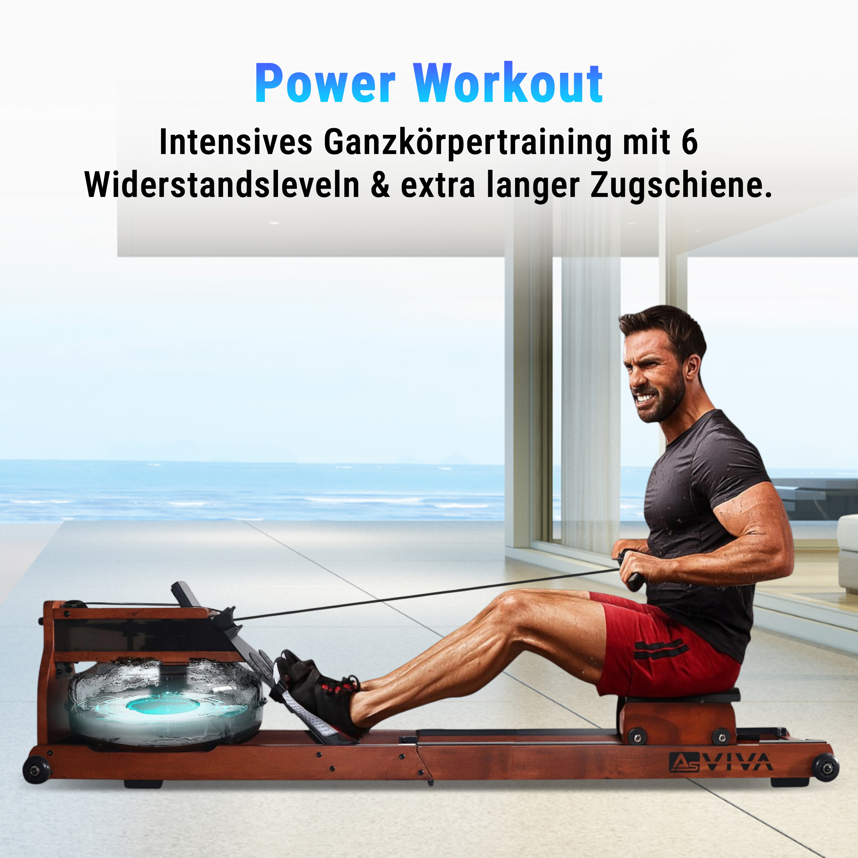 Mann rudert auf einem hölzernen Wasser-Rudergerät. Er ist oben ohne, trägt rote Shorts und schwarze Schuhe. Im Hintergrund ist ein Meerblick zu sehen.