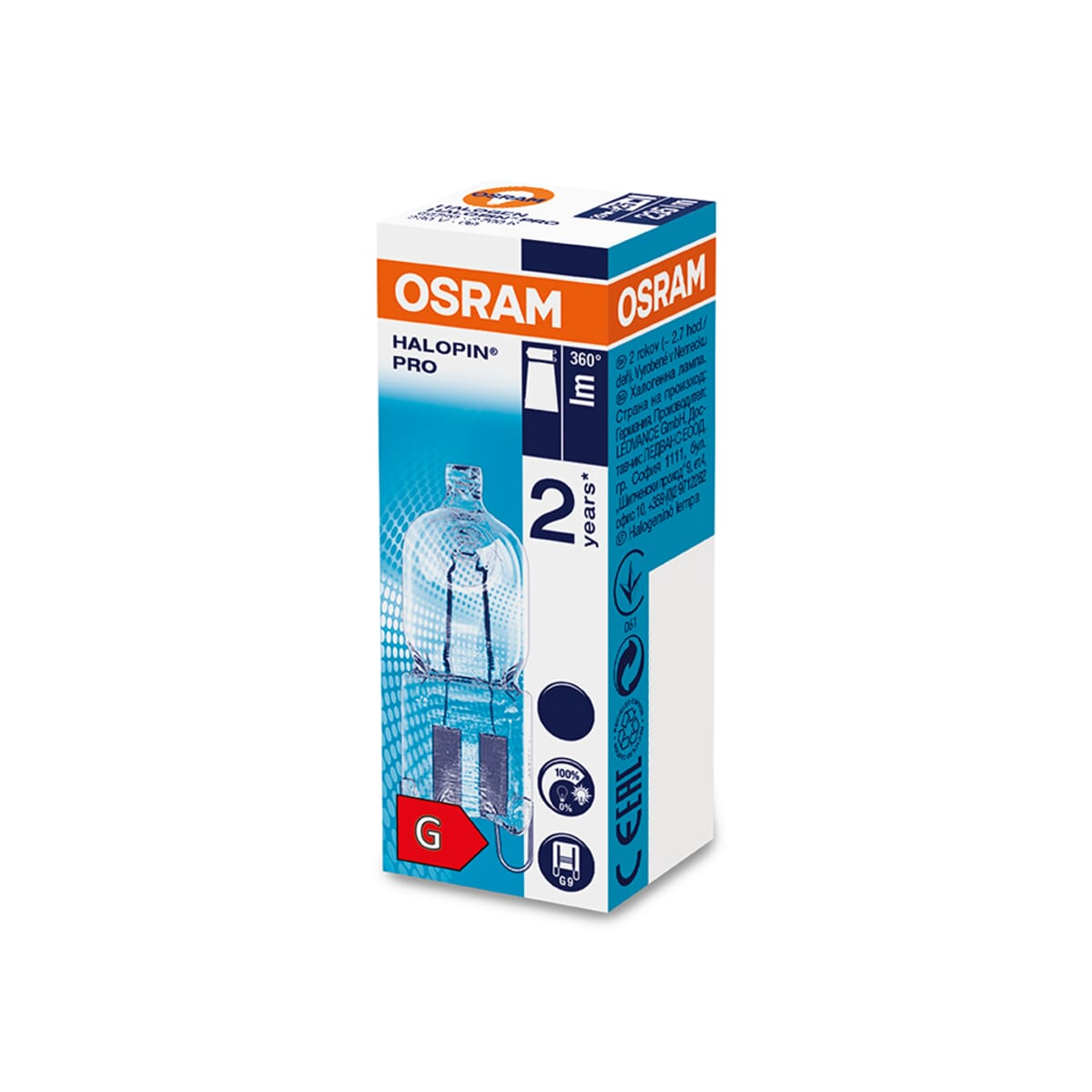Scatola della lampadina OSRAM Halopin Pro. Blu e bianca. Mostra la lampadina all'interno. Contiene testo in più lingue.