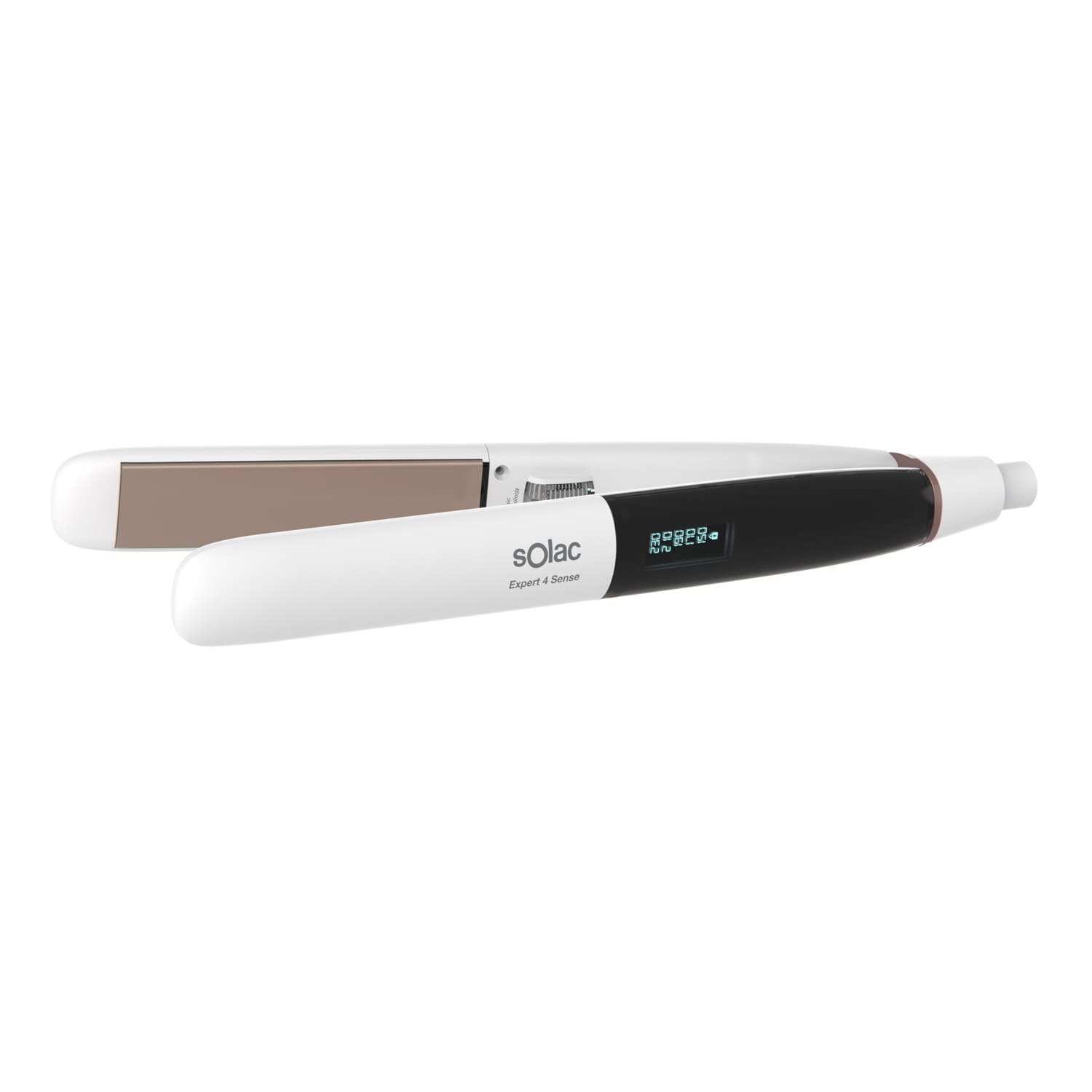 Una plancha de pelo Solac blanca y marrón está abierta. La plancha tiene una pantalla digital y el nombre de la marca.