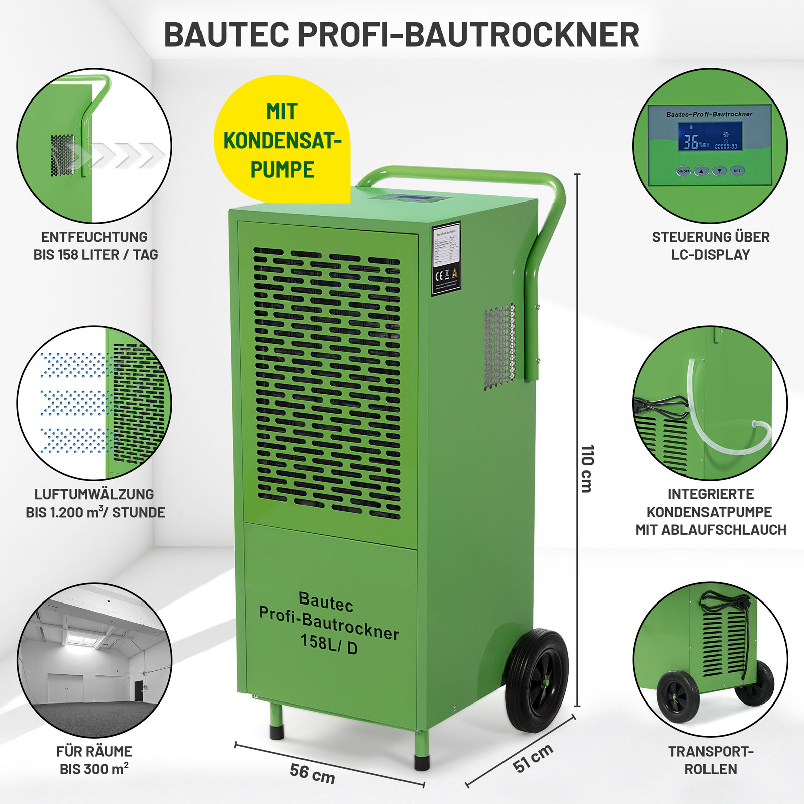 Grüner Luftentfeuchter, beschriftet mit Bautec, mit Text und Diagrammen, die Funktionen zeigen. Mit Rädern und Digitalanzeige.
