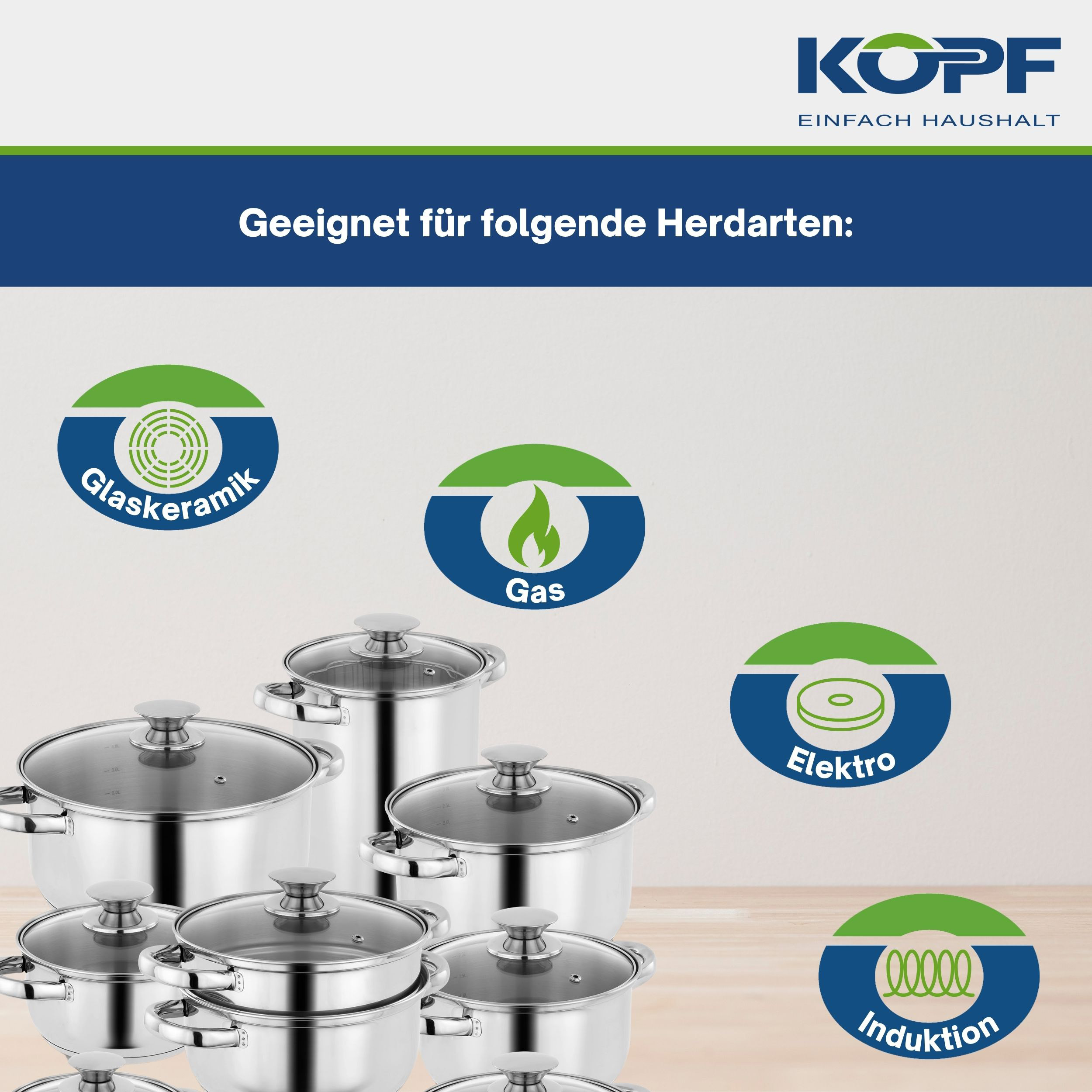 Edelstahltöpfe mit Glasdeckeln. Kompatibel mit verschiedenen Kochfeldern wie Gas und Induktion.
