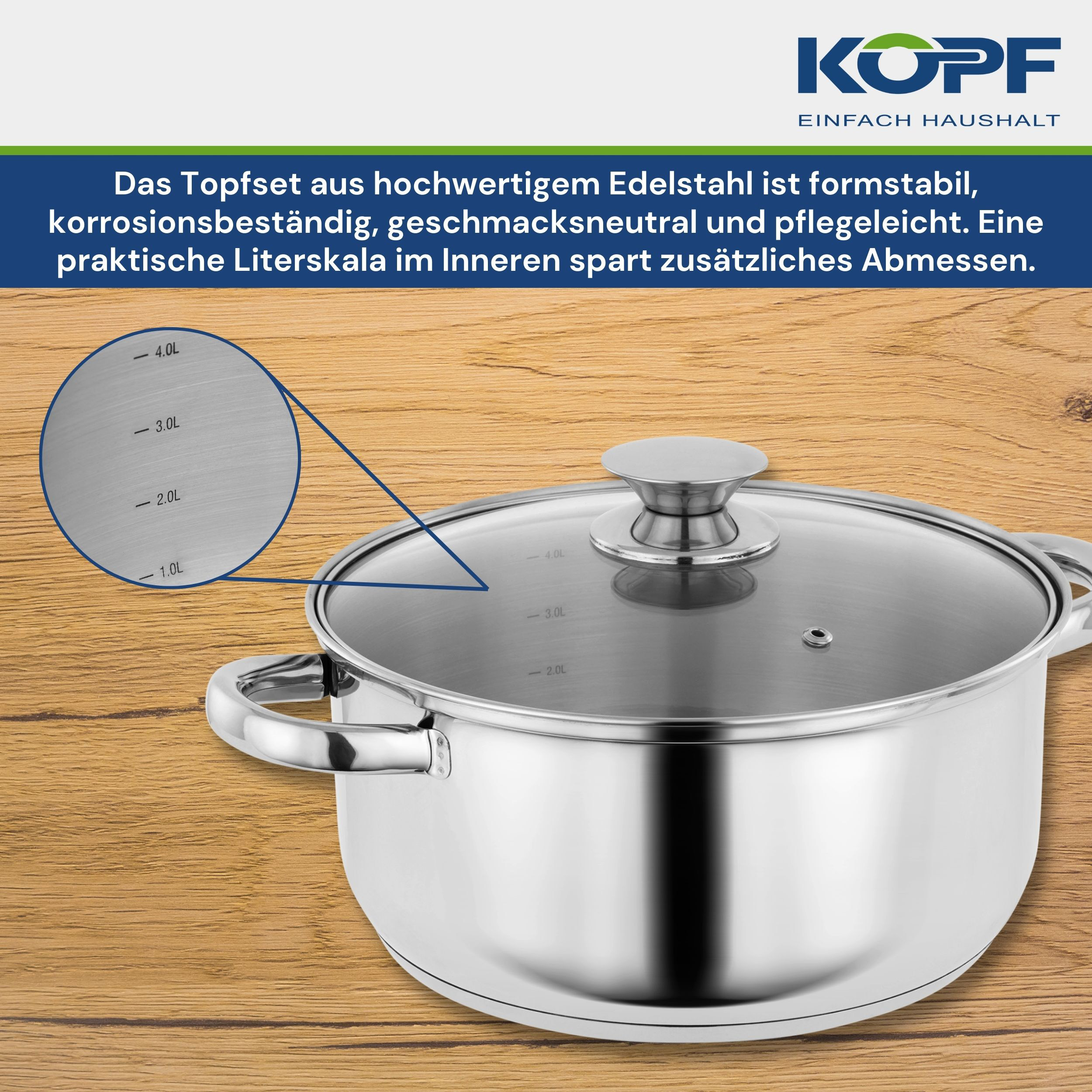 Ein Edelstahltopf mit Glasdeckel. Er hat Griffe und eine Skala im Inneren. Er steht auf einer Holzoberfläche.