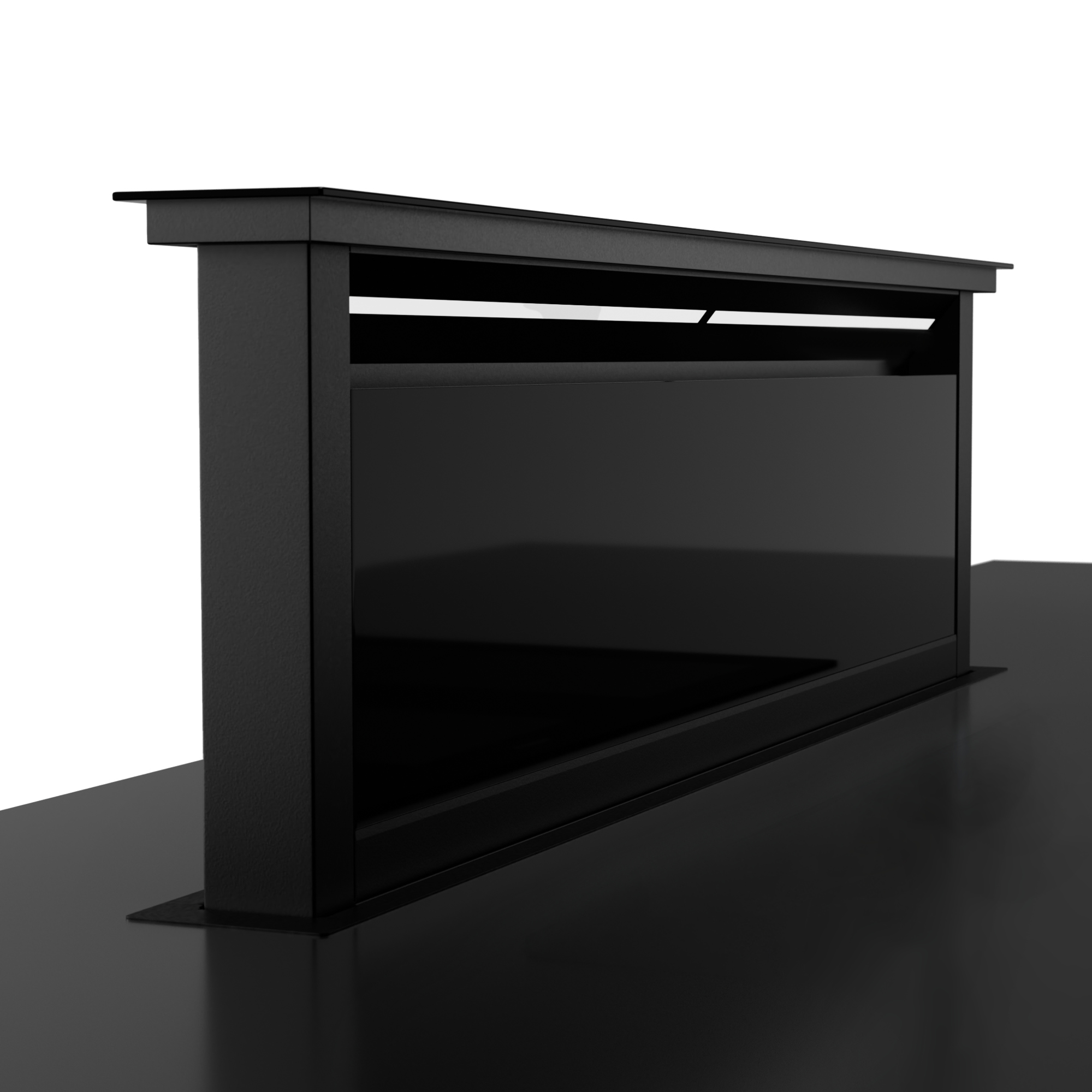 Ein schwarzes rechteckiges Objekt steht auf einer schwarzen Oberfläche. Es hat eine Glasfront und eine Oberseite mit Schlitz. Weißer Hintergrund.