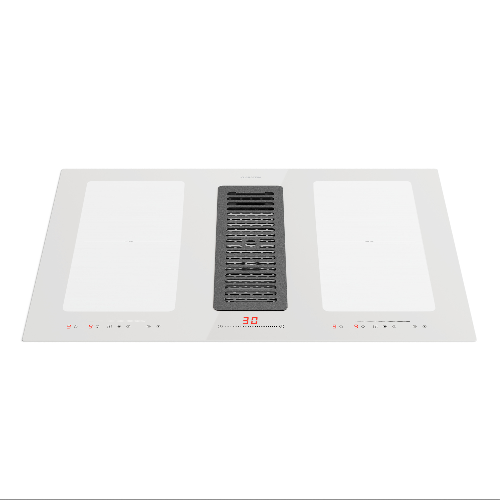 Placa de inducción blanca con dos zonas de cocción, ventilación central y pantalla digital. Controles con números e iconos rojos.