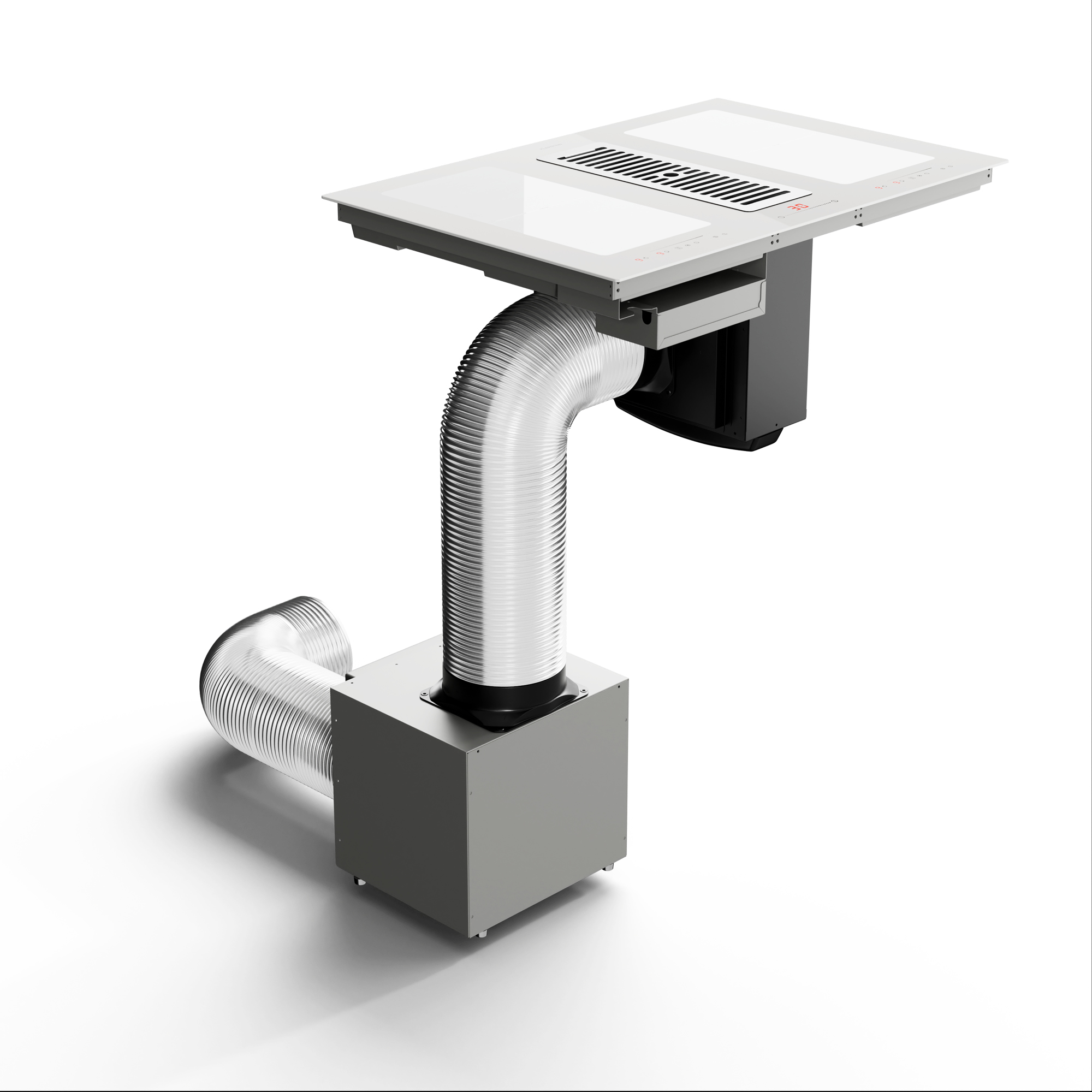 Campana extractora blanca. Tiene una parte superior rectangular con una ventilación y un conducto plateado flexible.