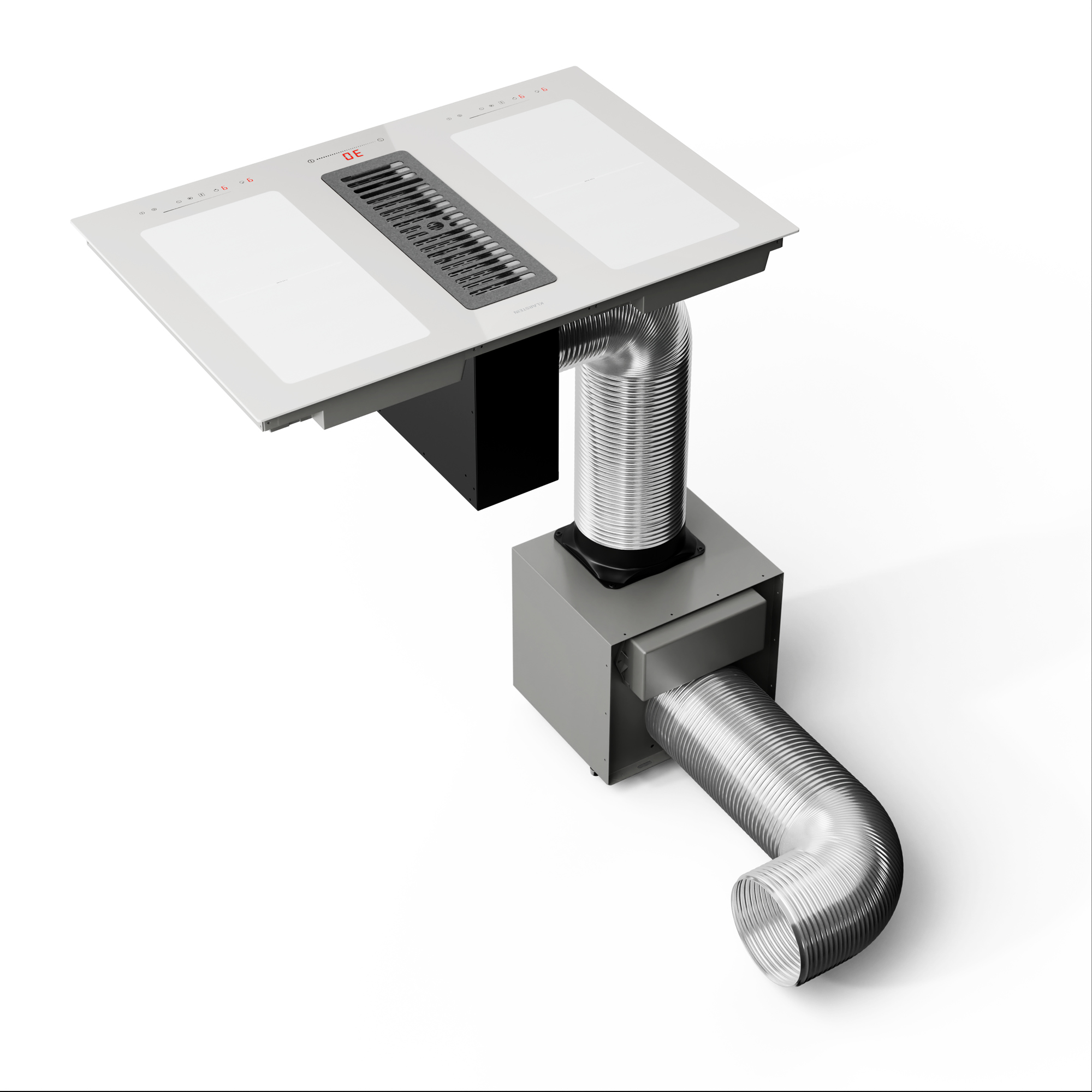 Un electrodoméstico de cocina blanco con una ventilación y conductos. El aparato tiene una pantalla digital. Los conductos metálicos bajan y se alejan.
