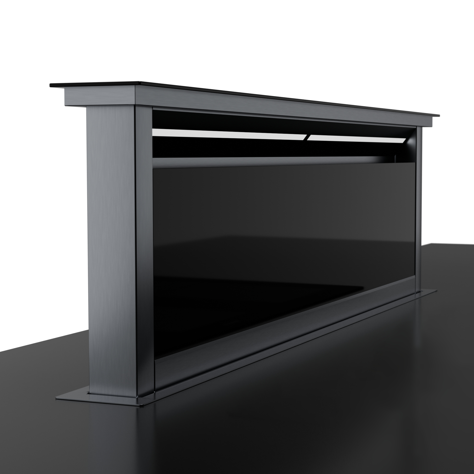 Estructura metálica oscura con panel de vidrio sobre superficie negra. La estructura es rectangular y está sobre una mesa.