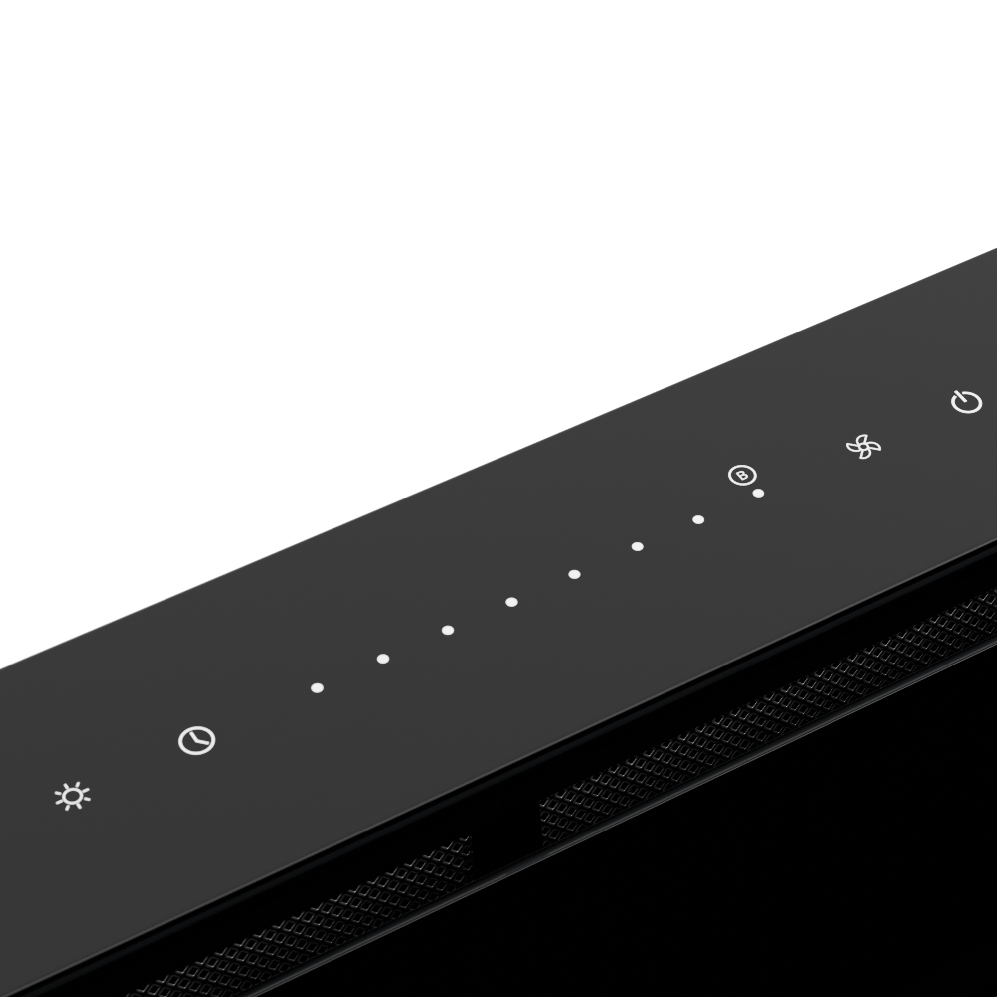 Panel de control de electrodomésticos negro con iconos blancos iluminados y luces indicadoras sobre fondo blanco.
