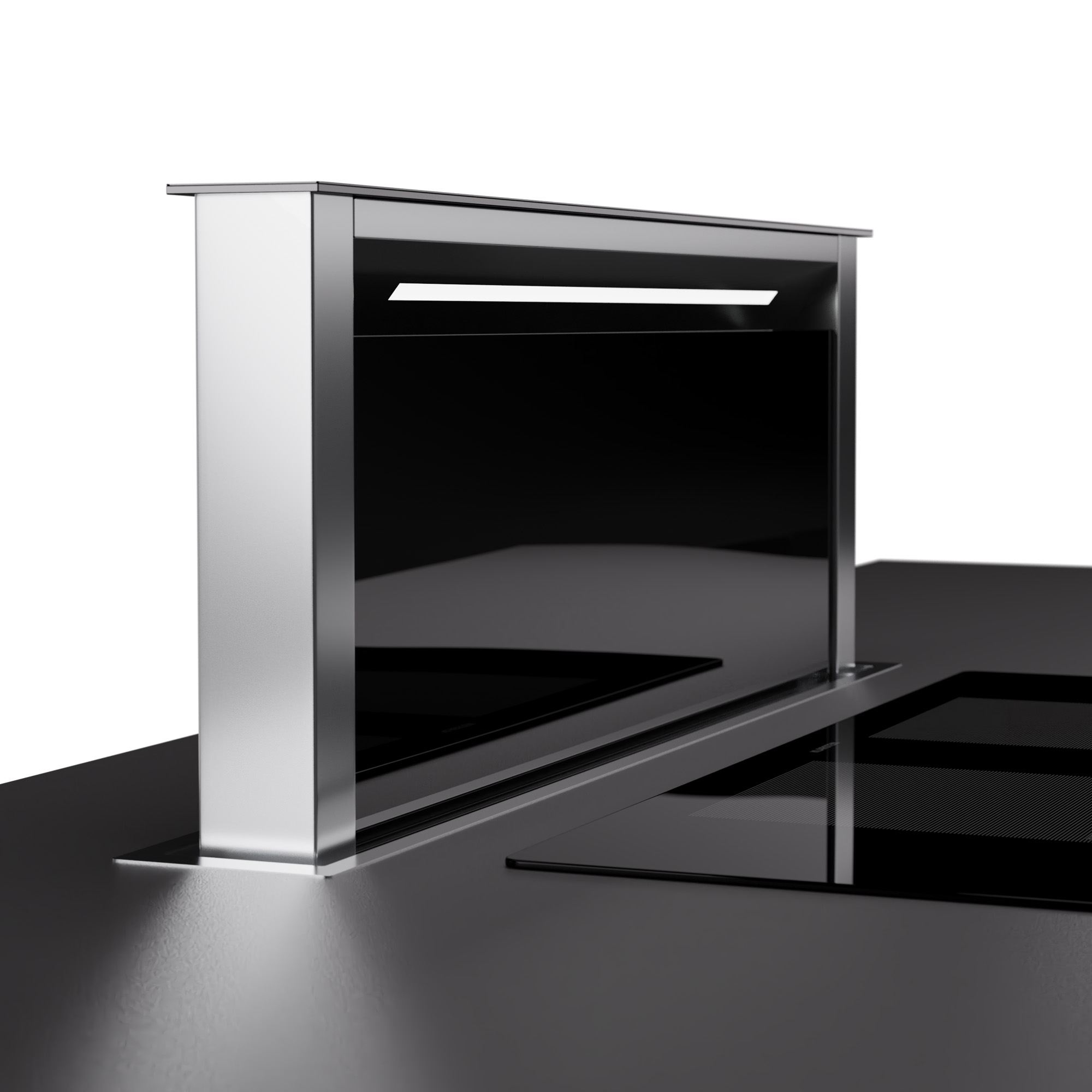 Una moderna cappa da cucina è installata sopra un piano cottura in vetro nero. La cappa è in acciaio inossidabile.