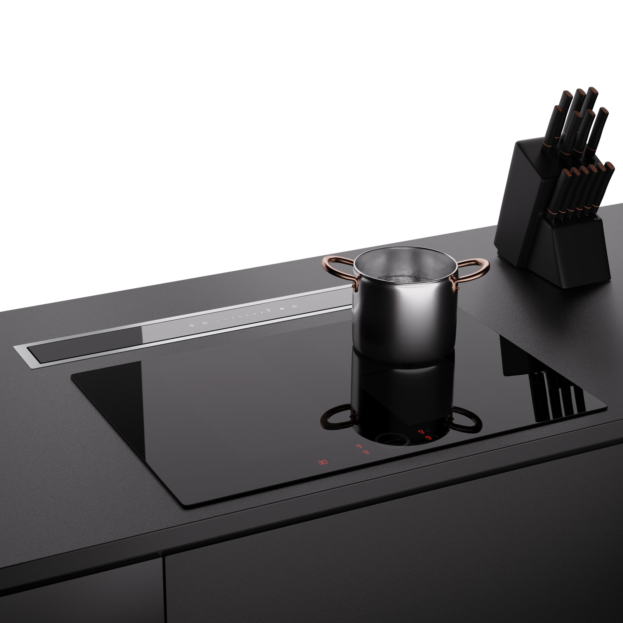 Un moderno piano cucina con piano cottura a induzione nero, una pentola con acqua bollente e un ceppo di coltelli.
