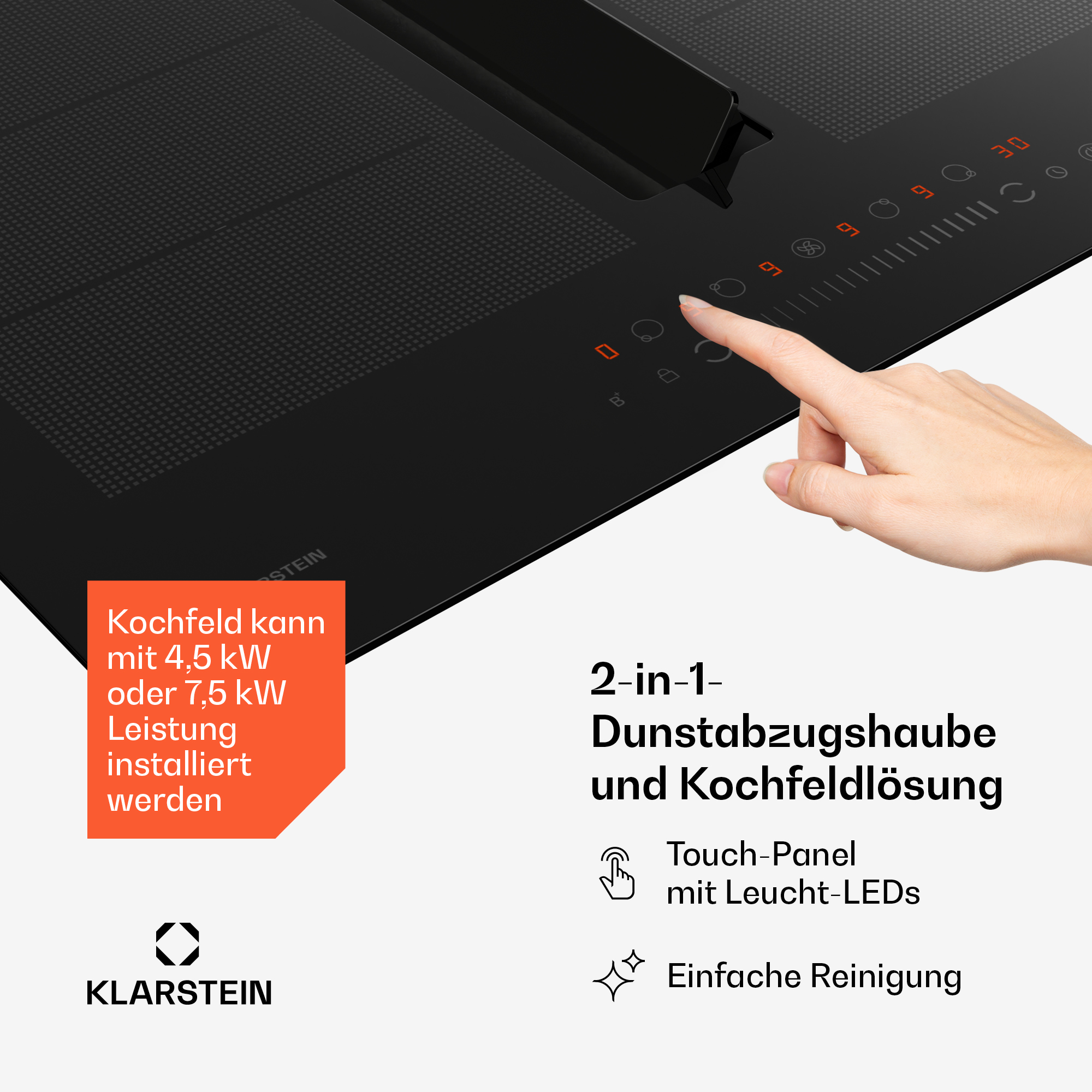 Eine Hand berührt ein schwarzes Touchpanel eines Kochfelds mit beleuchteten Zahlen. Eine orangefarbene Box enthält Text auf Deutsch.