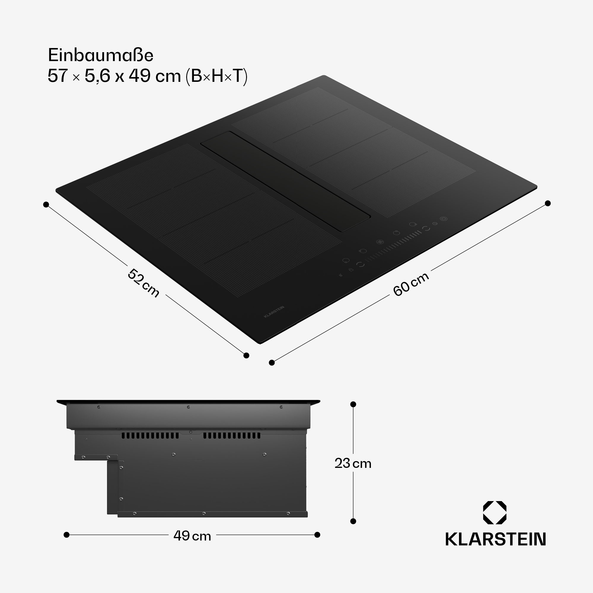 Schwarzes Induktionskochfeld mit Maßangaben. Zwei Ansichten: von oben und von der Seite. Die Marke ist Klarstein.