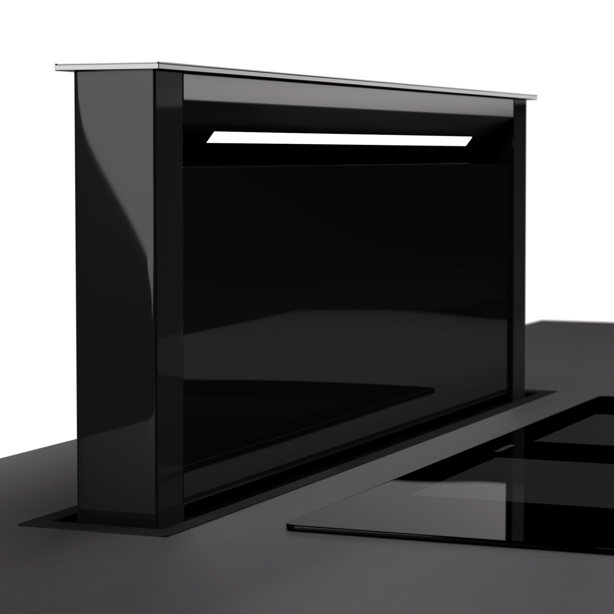 Una cappa da cucina nera è mostrata sopra un piano cottura nero. La cappa è lucida e rettangolare. Lo sfondo è bianco.