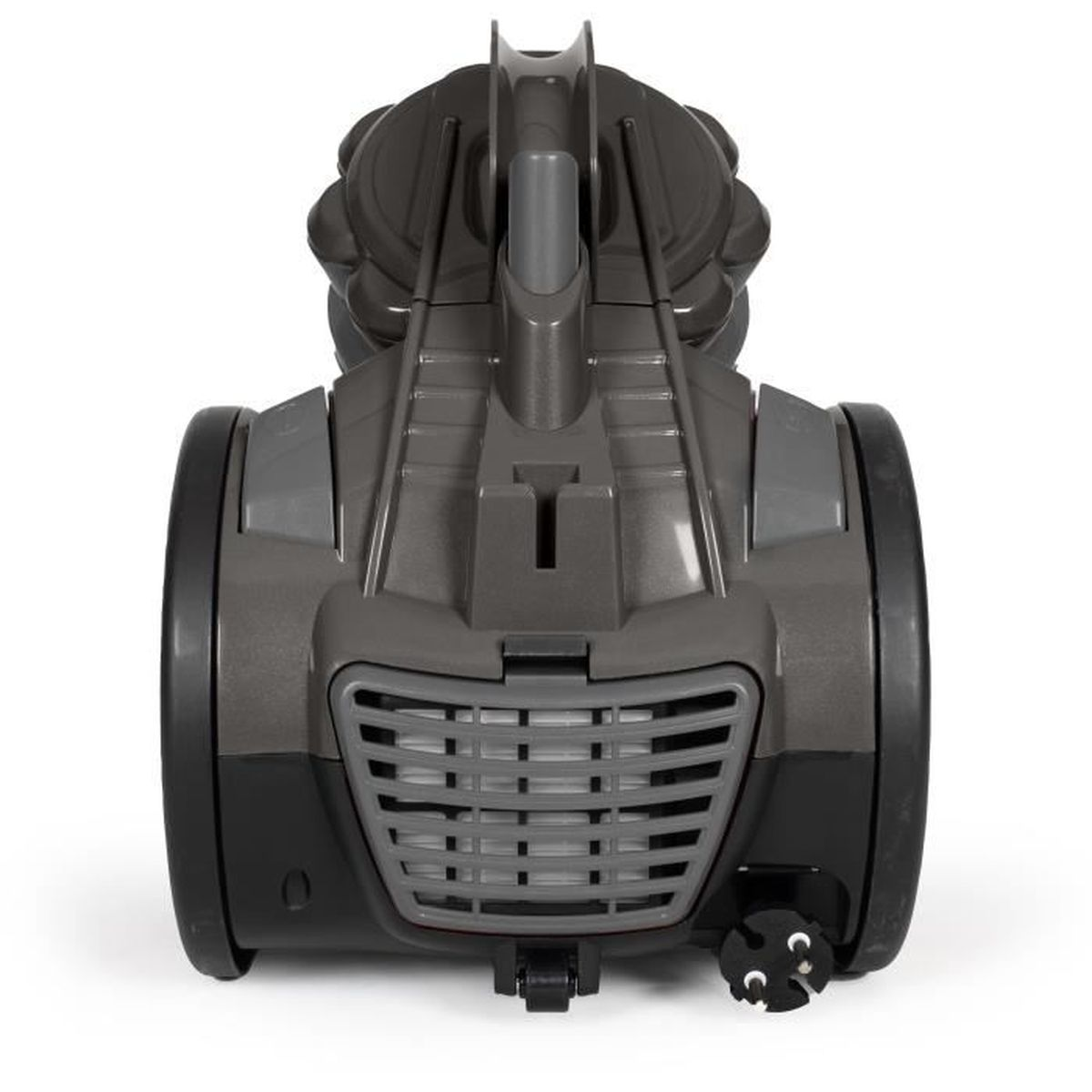 A gray vacuum cleaner with a handle and wheels is on a white background. The front has a grill and power plug.
