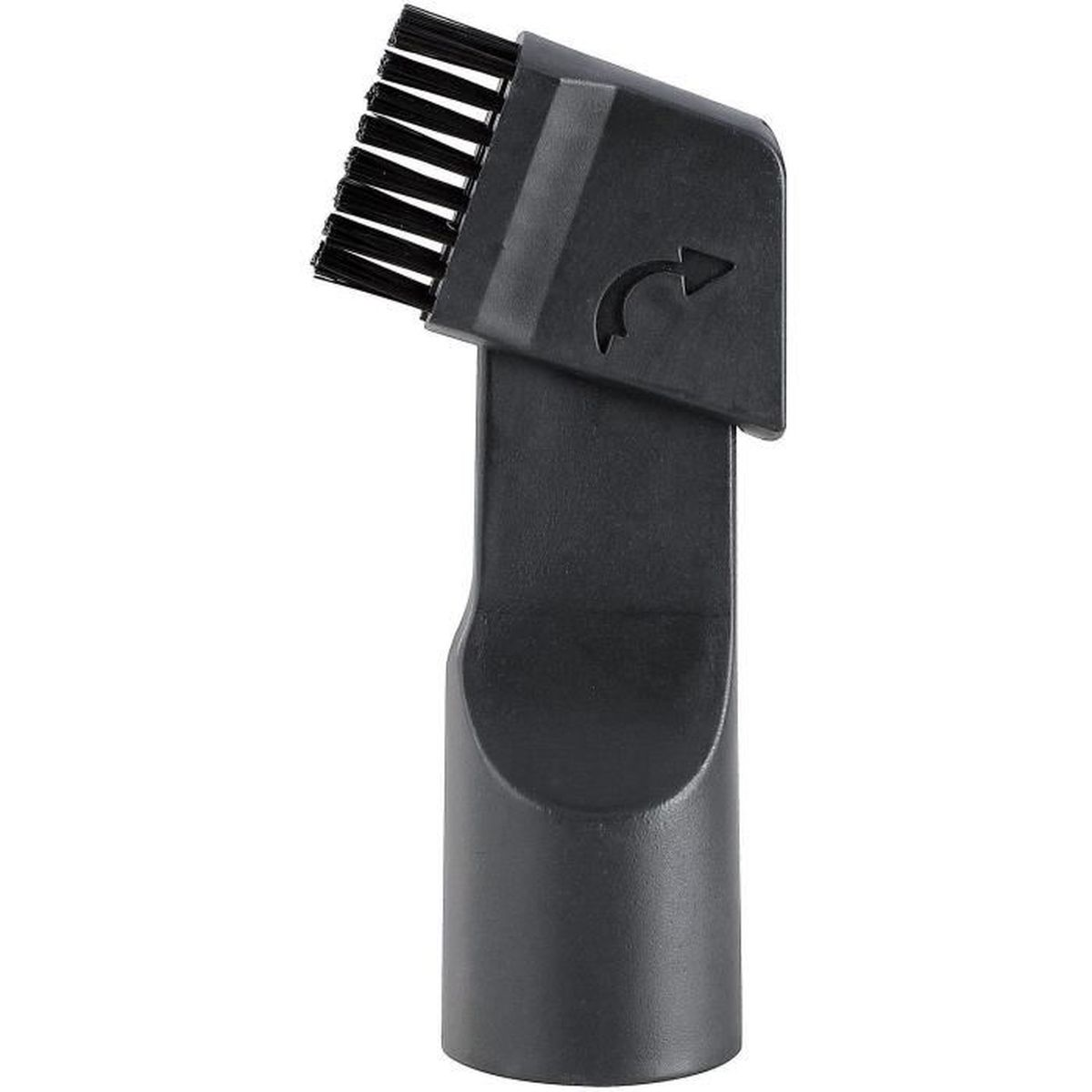 Accesorio negro de aspiradora. Tiene un cabezal de cepillo, una articulación giratoria con flecha y una boquilla cilíndrica.