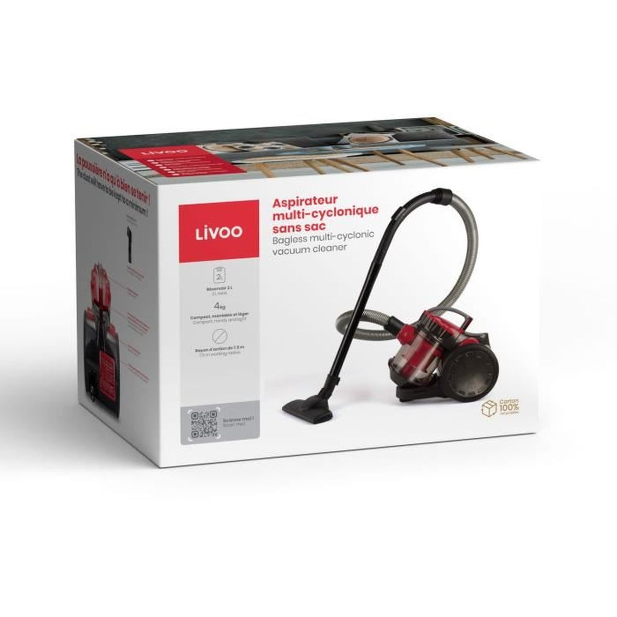Ein Staubsaugerkarton der Marke Livoo. Die Box zeigt das Produkt mit dem Namen Aspirateur multi-cyclonique sans sac.