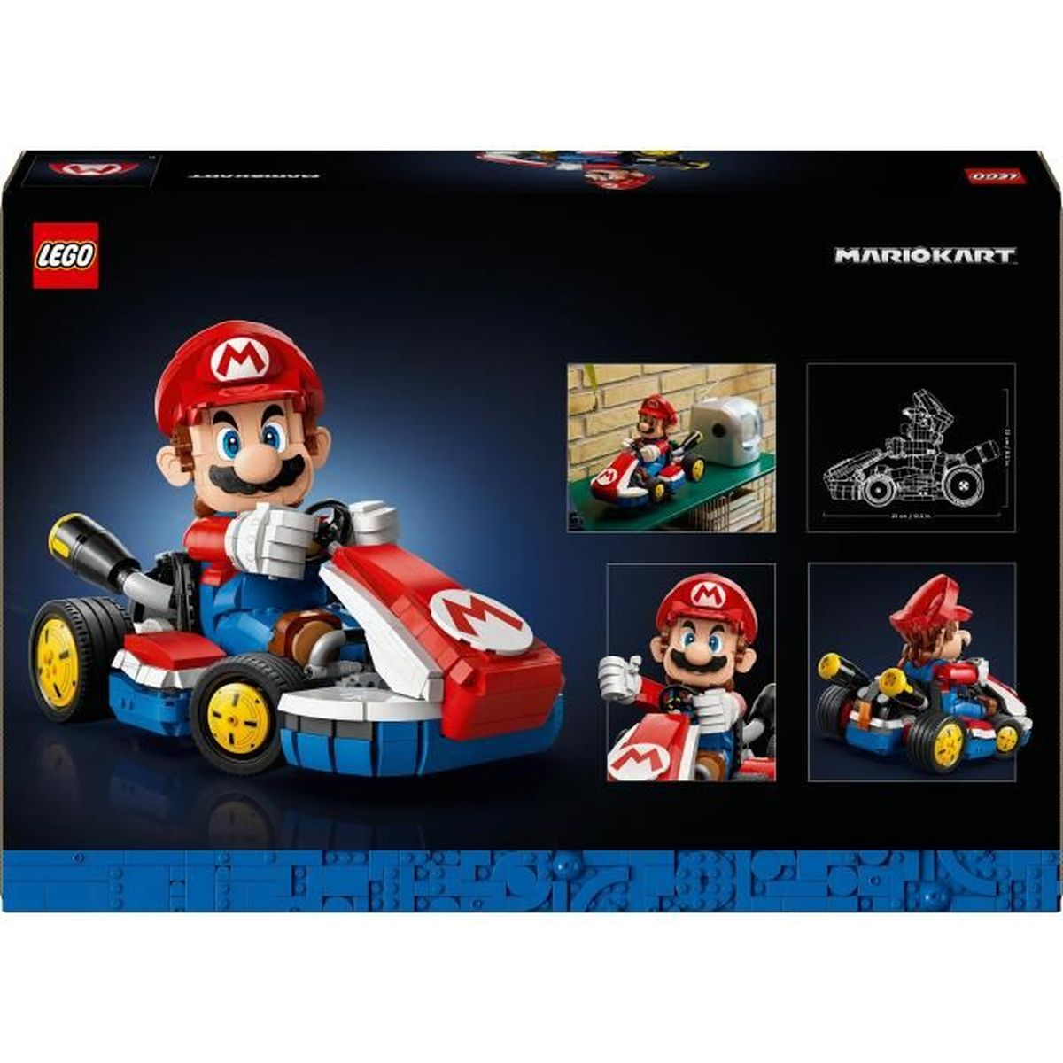 Pudełko zestawu Lego Mario Kart. Figurka Mario w gokarcie. Dominują kolory czerwony, niebieski i żółty. Małe zdjęcia pokazują inne widoki gokarta i figurki.