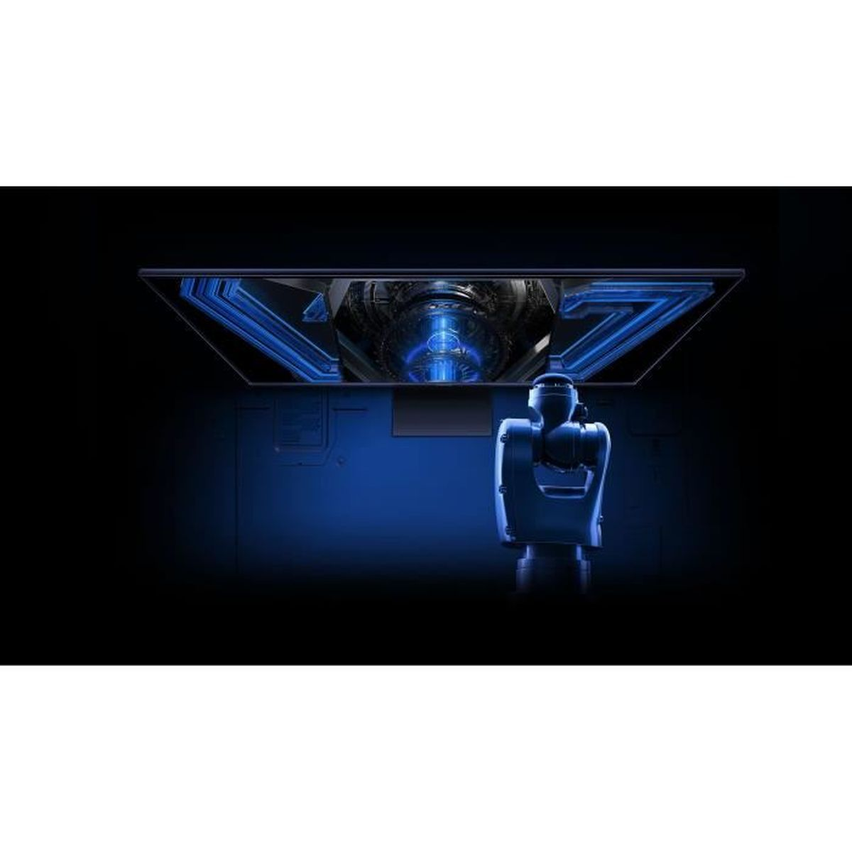 Futurystyczny monitor wyświetla niebiesko oświetlone wnętrze. Poniżej, urządzenie robotyczne stoi na niebieskiej powierzchni na czarnym tle.