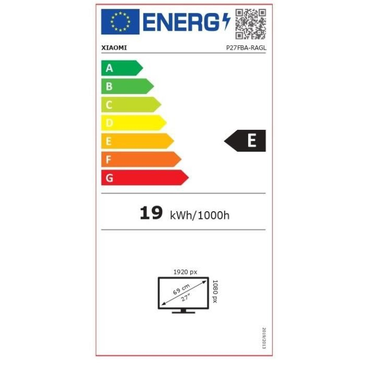Étiquette énergétique pour un moniteur Xiaomi. Affiche les classements d'efficacité énergétique A-G. Le moniteur est classé E. Affiche la consommation d'énergie de 19 kWh/1000h.