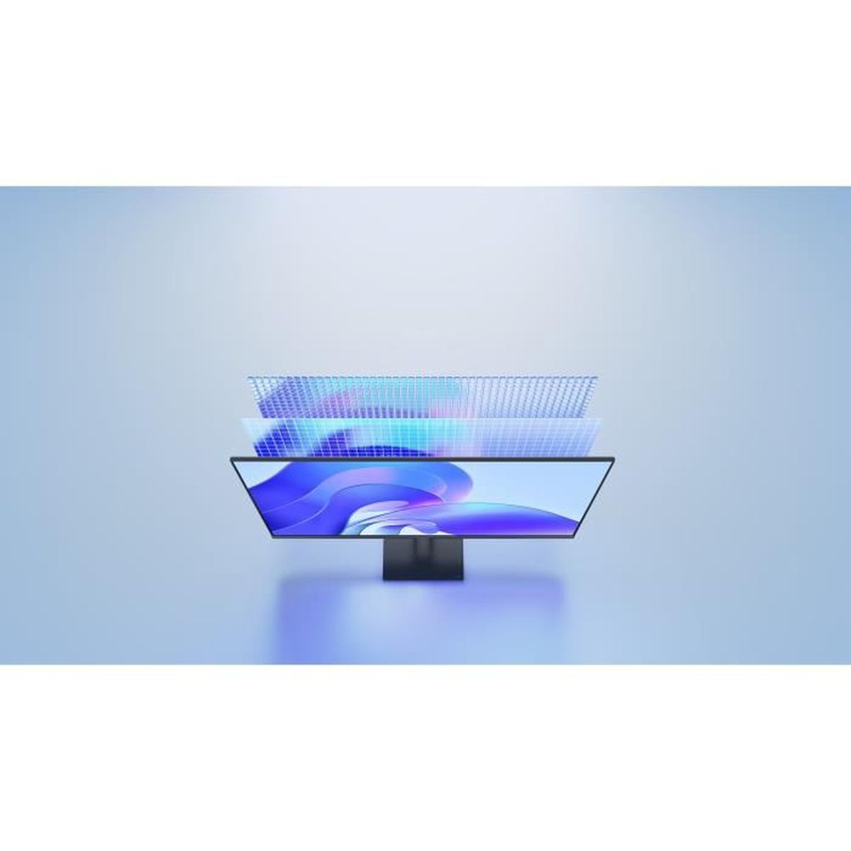 Un écran d'ordinateur avec un affichage vibrant, montrant des graphiques bleus et violets. Au-dessus, trois couches de structures en forme de grille flottent.