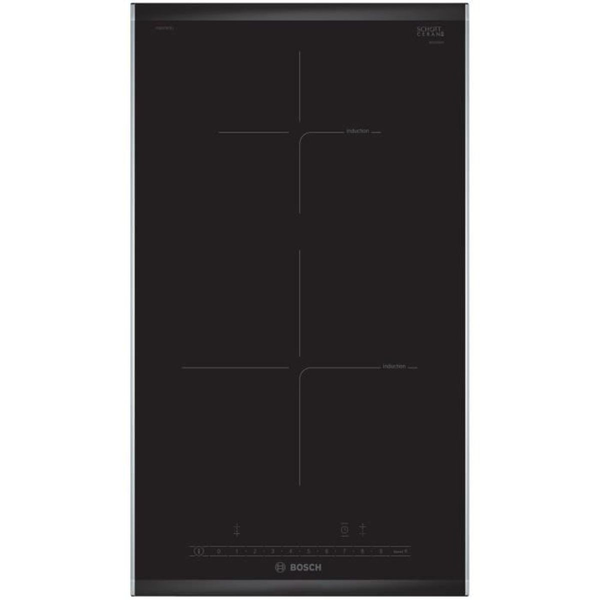 Czarna płyta indukcyjna z dwoma polami grzewczymi. Logo Bosch na dole. SCHOTT CERAN na górze po prawej stronie.