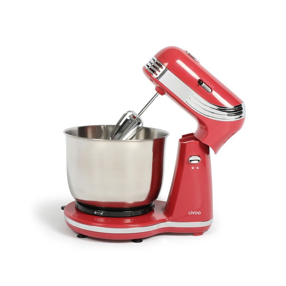 Un mixer rosso con una ciotola in acciaio inossidabile. Il mixer è su una superficie bianca e ha il marchio "Livoo".