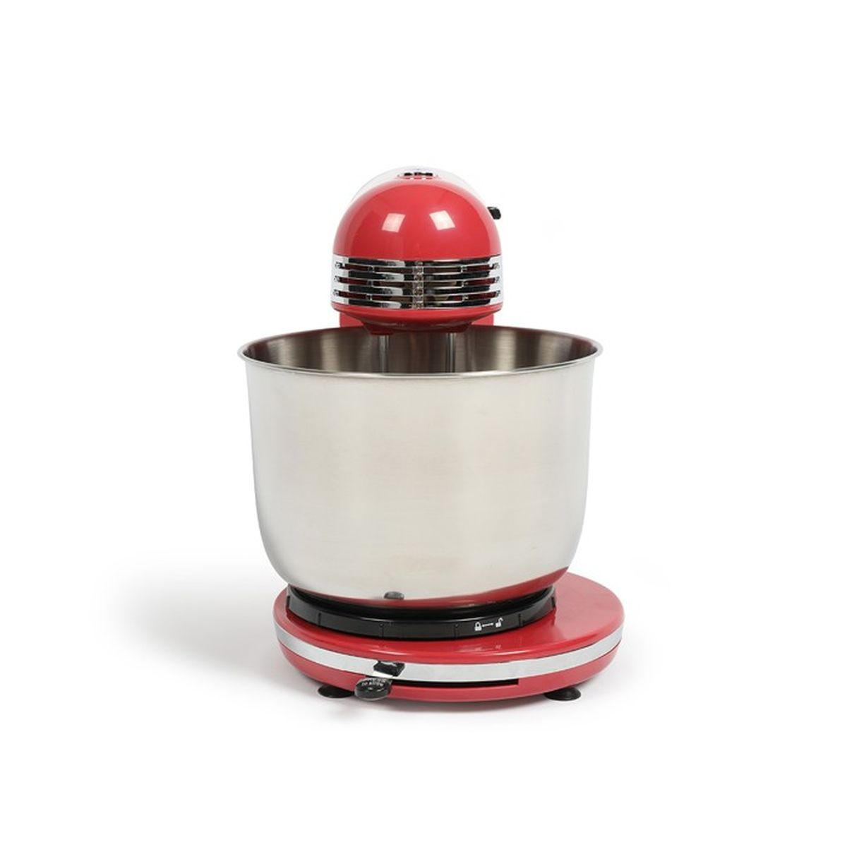 Un mixer da tavolo rosso e argento su sfondo bianco. Il mixer ha una ciotola in acciaio inox e un alloggiamento motore rosso.
