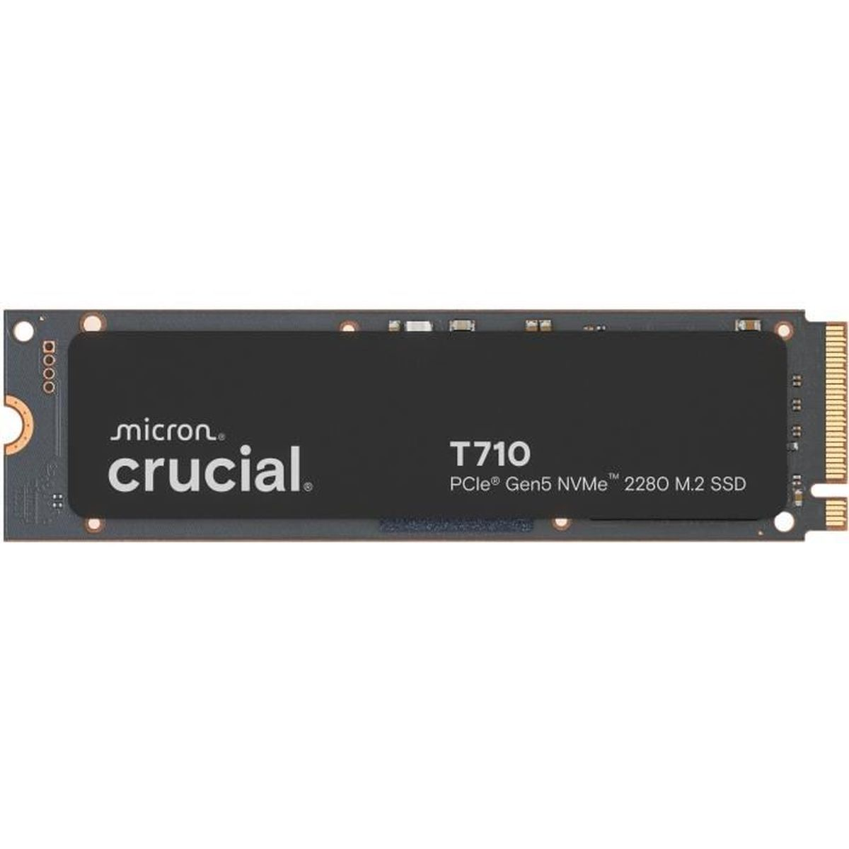 Czarny Crucial T710 PCIe Gen5 NVMe M.2 SSD. Loga po lewej, dane techniczne po prawej.