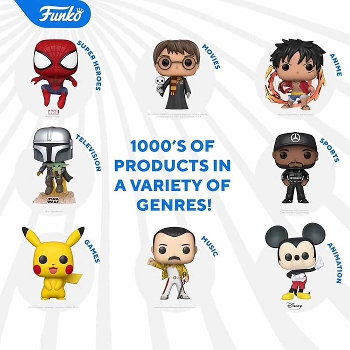 Pubblicità Funko con varie figure pop di film, TV, giochi e musica. Categorie: Supereroi, Film, Anime, Televisione, Giochi, Musica, Sport e Animazione.