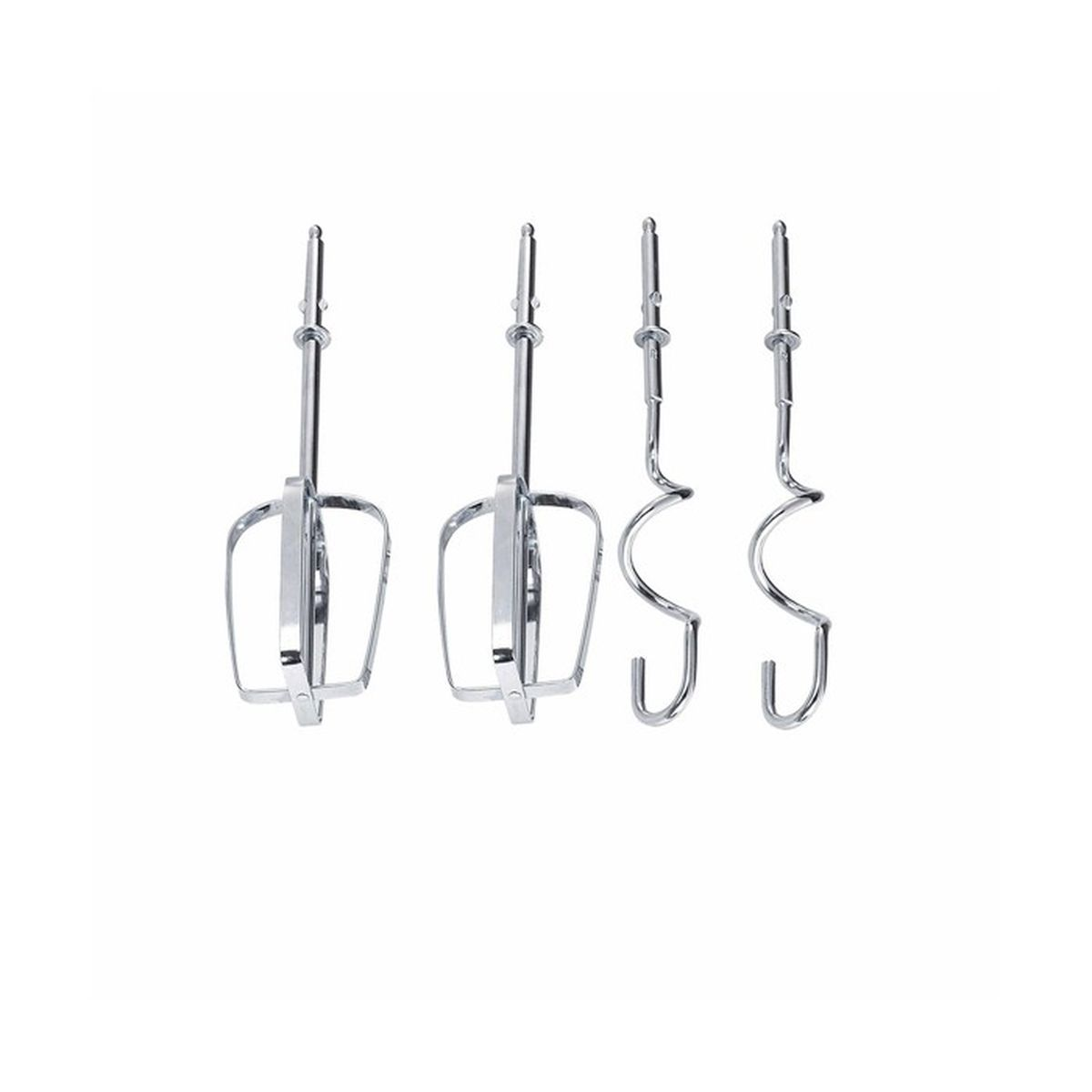Quattro accessori per mixer in acciaio inossidabile su sfondo bianco. Due hanno estremità ad anello, due hanno estremità a gabbia.