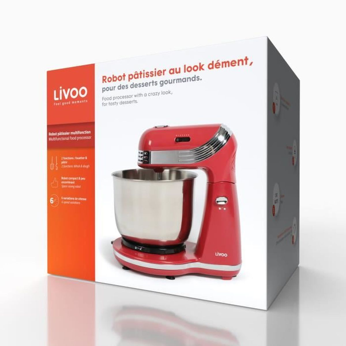 Un robot da cucina Livoo rosso e argento su una scatola. La scatola ha testo in francese e inglese. Lo sfondo è bianco.