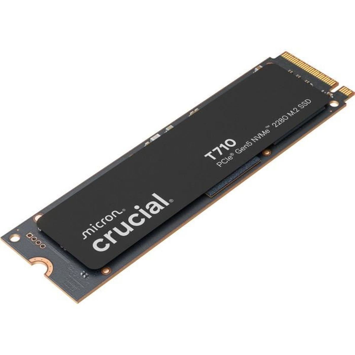 Czarny dysk SSD Crucial T710 NVMe 2280 M.2 na płytce drukowanej. Widoczne logo Crucial. Tekst zawiera 'PCIe Gen5 NVMe'.