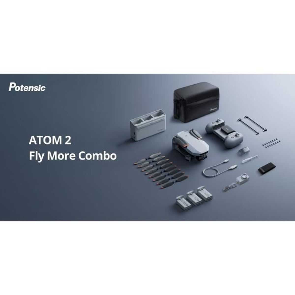 Zdjęcie produktu Potensic Atom 2 Fly More Combo. Zawiera drona, kontroler, baterie, śmigła, etui i akcesoria na szarej powierzchni.
