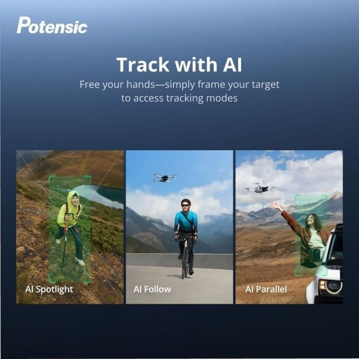 Obraz promujący funkcje śledzenia AI: AI Spotlight z turystą, AI Follow z rowerzystą, AI Parallel z osobą przy samochodzie, wszystko z dronami.