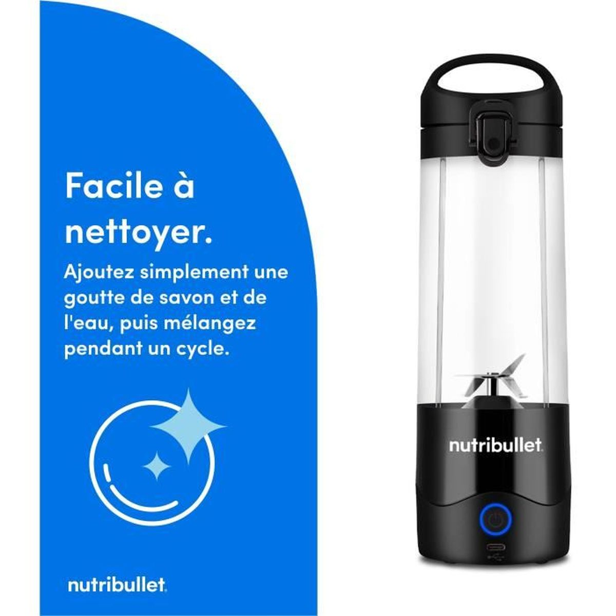 Un frullatore Nutribullet con base nera e contenitore trasparente. Testo su sfondo blu: "Facile da pulire."