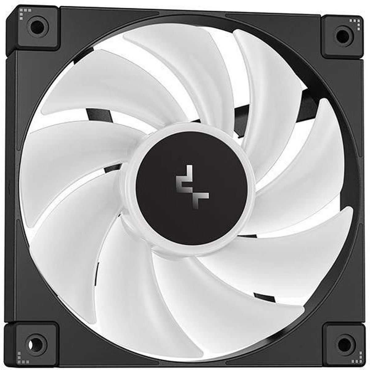 A computer fan with white blades and a black frame. The center has a black circle with a white symbol.