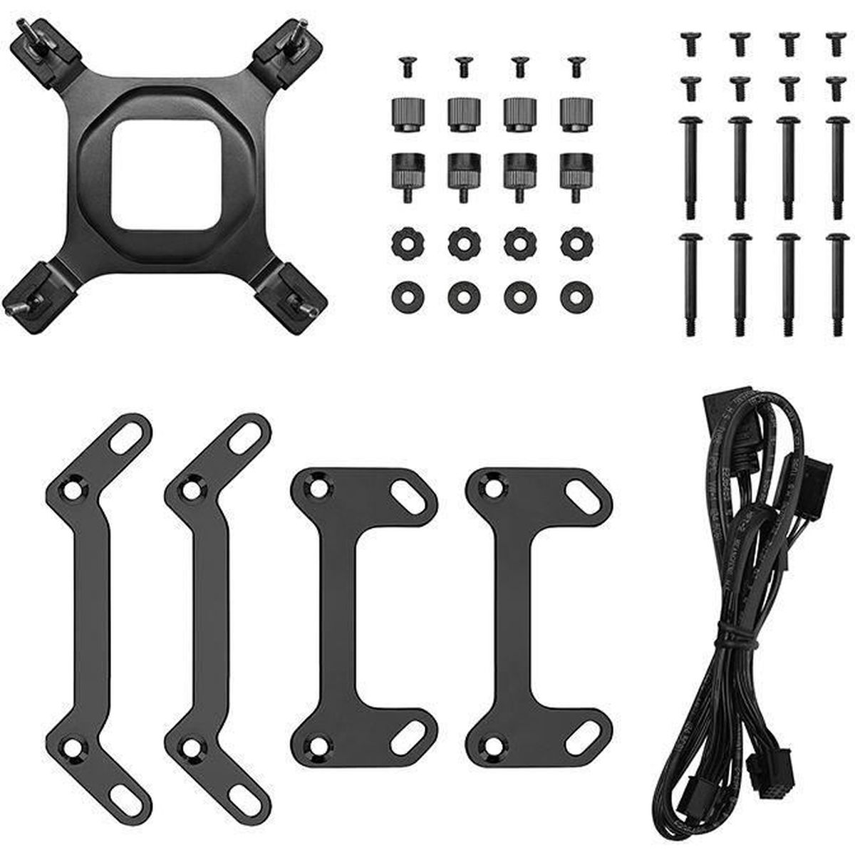 Black CPU cooler mounting kit with various parts: bracket, screws, standoffs, and cables.