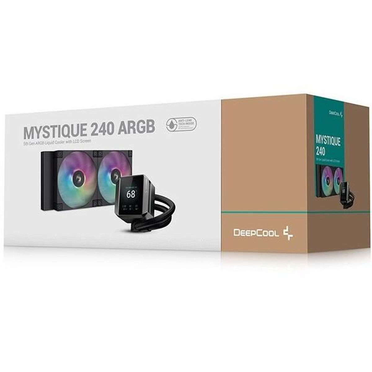 A DeepCool Mystique 240 ARGB liquid cooler box. It has fans with colorful lights and a digital screen showing the number 68.