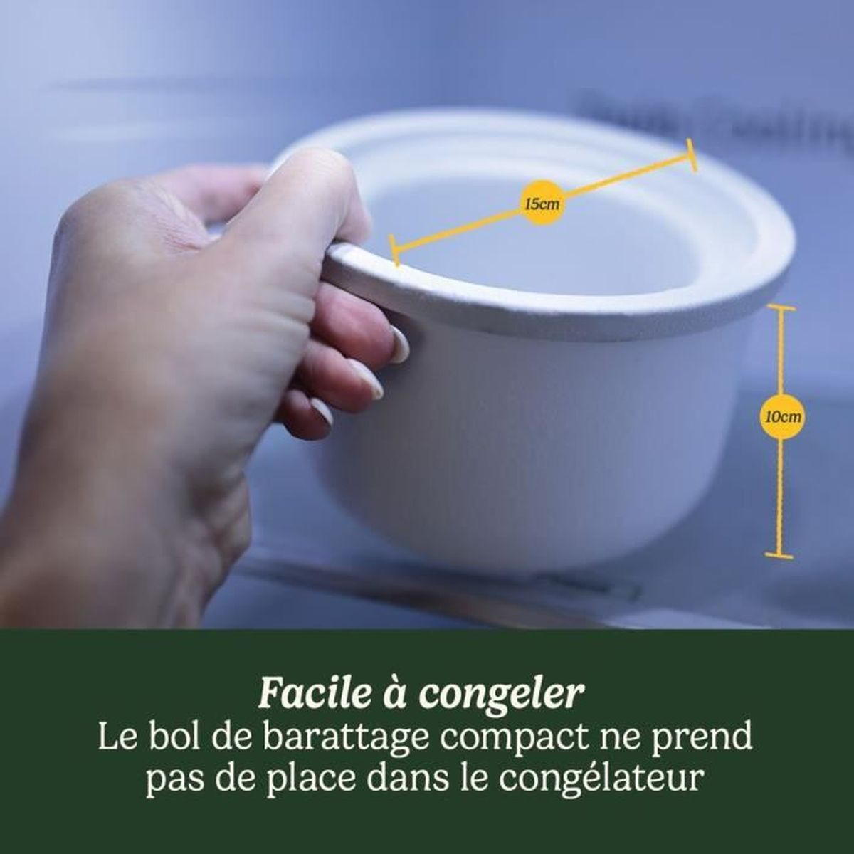 Ręka trzyma białą, kompaktową miskę. Miska ma 15 cm szerokości i 10 cm wysokości. Tekst na dole: Łatwe do zamrożenia, kompaktowe.