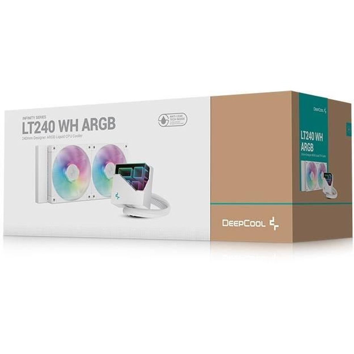 Een doos van een CPU-koeler. De voorkant toont het product. De doos is wit en bruin. De koeler heeft twee ventilatoren met kleurrijke lichten.