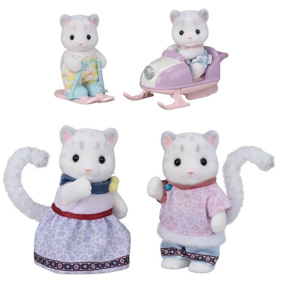 Cuatro figuras de juguete de leopardo de las nieves. Uno esquía, uno en una moto de nieve y dos de pie con accesorios.