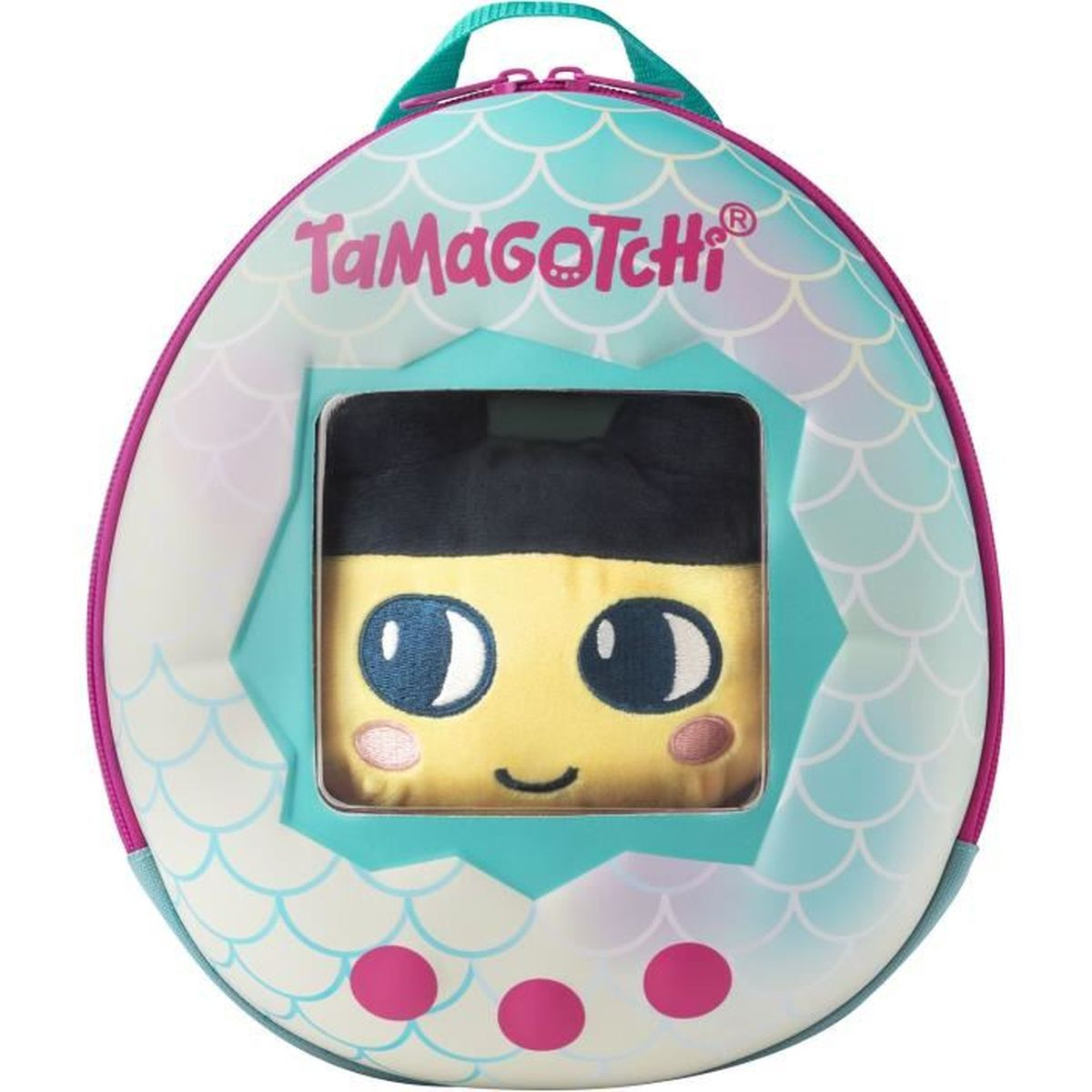 Un étui Tamagotchi en forme d'œuf, avec une peluche visible à travers une fenêtre. Le jouet est jaune, avec des oreilles noires et de grands yeux.