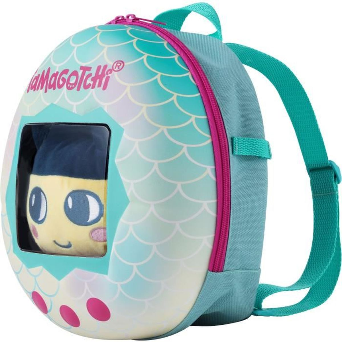 Un sac à dos Tamagotchi avec une peluche dans une fenêtre. Le sac à dos est de couleur sarcelle avec des accents roses et un motif d'écailles. La peluche est jaune.